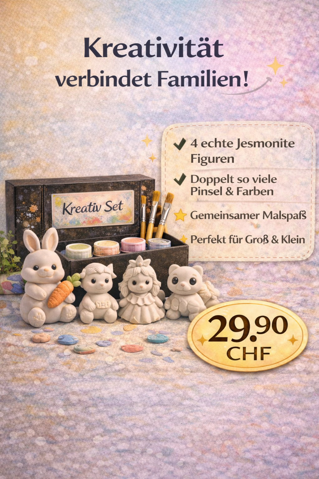 LittleArtSwiss Jesmonite Figuren Kreativ-Set mit 4 Figuren – Fördern Sie Fantasie, Reduzieren Sie Bildschirmzeit - Monvita Hub -